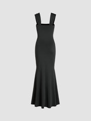 Solid Ruched U-neckline Ruffle Maxi Dress