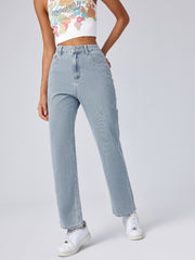 Solid High Rise Pocket Straight Leg Jeans
