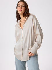 Satin Collar Solid Button Long Sleeve Shirt