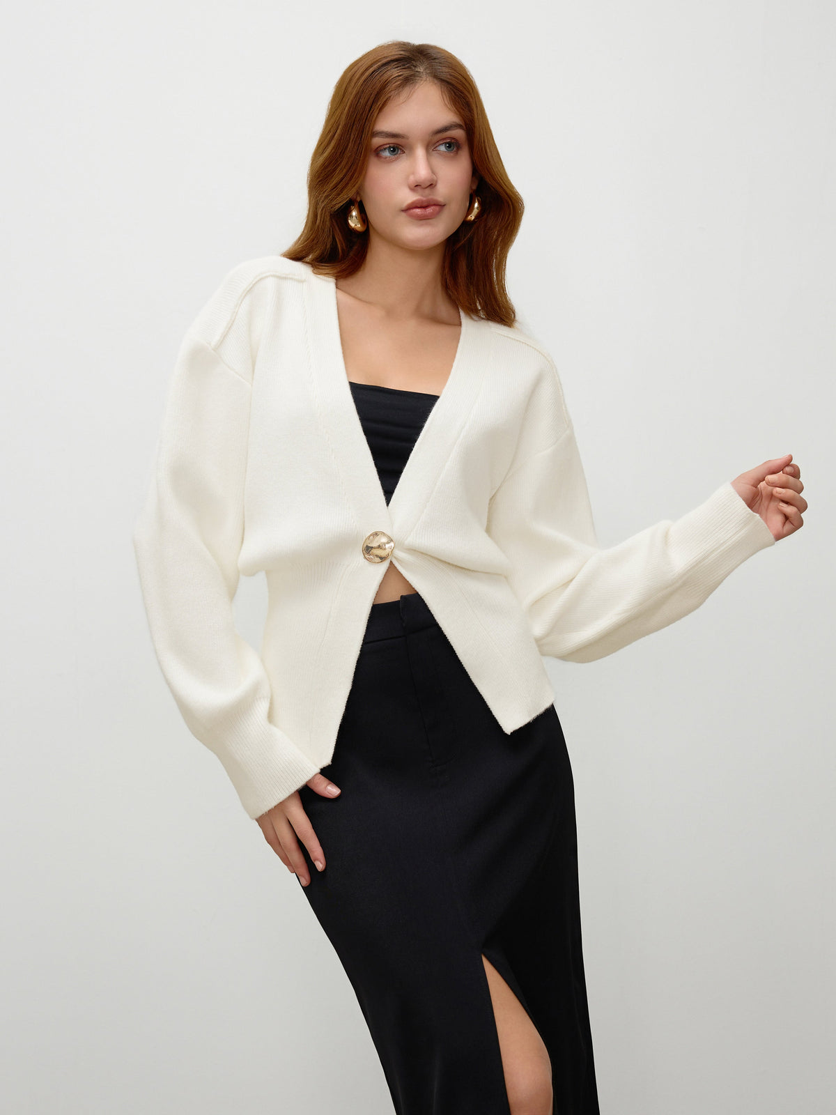 Knit V-neck  Metallic Button Cardigan