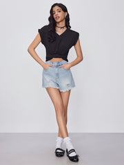 V-neck Solid Ruched Crop Top