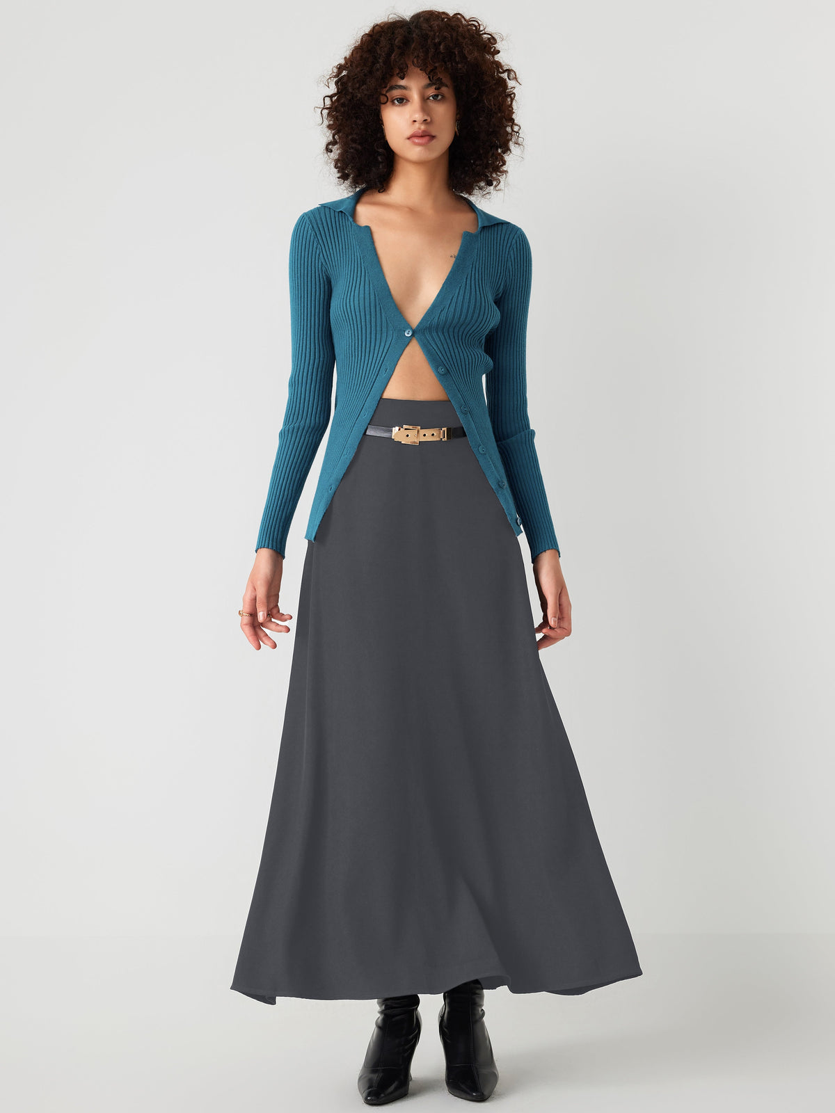 High Waist Solid Pleated Maxi Skirt