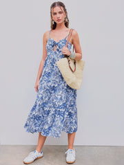 V-neck Landscape Painting Cut Out Knotted Cami Midi Dress