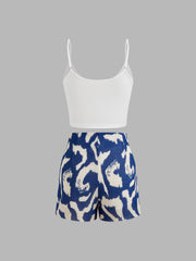 Round Neckline Solid Crop Cami Top With Mid Rise Abstract Knotted Mini Skort