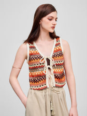 V-neck Striped Tie Front Knotted Oversized Crop Vest