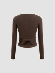 Wool-blend V-neck Solid Ruched Knitted Long Sleeve Top