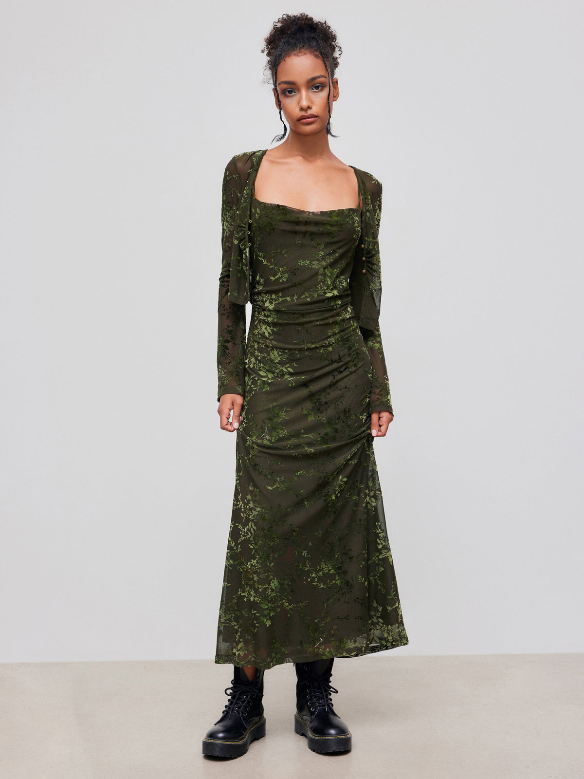 Jacquard Cowl Neck Floral Ruched Maxi Dress