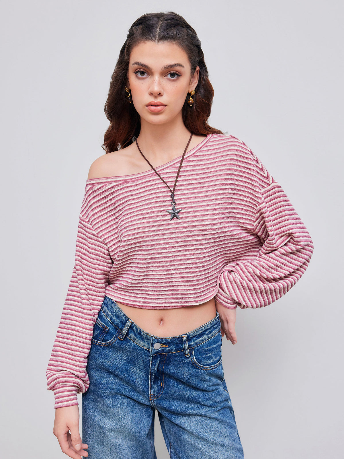 Cotton-blend Asymmetrical Neck Stripe Oversized Crop Sweatshirt
