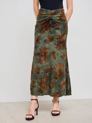 Mid Rise Floral Ruched Maxi Mermaid Skirt