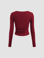 Cotton-blend Boat Neck Solid Ruched Long Sleeve Tee