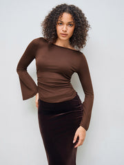 Boat Neck Solid Ruched Long Sleeve Tee