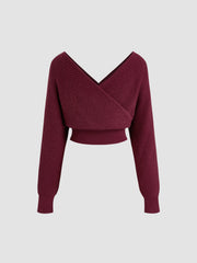 Knit V-neck Solid Wrap Crop Long Sleeve Top