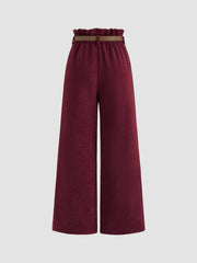 Corduroy High Rise Solid Pleated Wide Leg Trousers With Belt