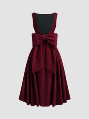 Velvet Boat Neck Bowknot Backless Midi Dress