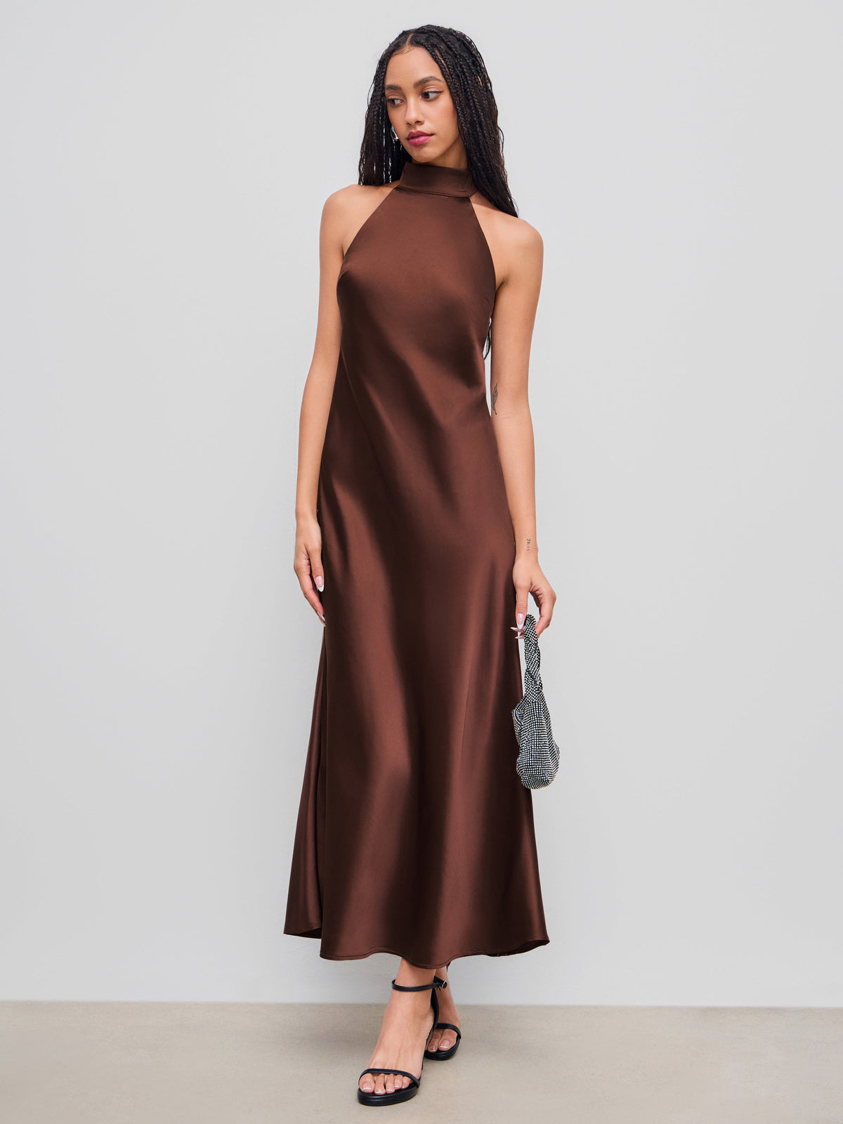 Satin Halter Neckline Backless Maxi Dress