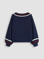 Cable Knit V-neck Contrasting Binding Long Sleeve Top