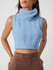 High Neck Solid Cable Knit Crop Vest
