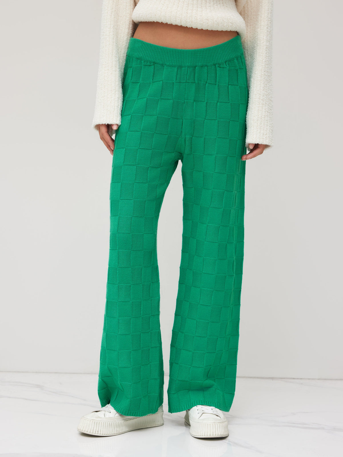 Solid Knitted High Waist Straight Leg Trousers