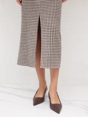 Cotton-blend Mid Rise Houndstooth Maxi Skirt With Belt