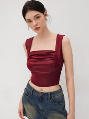 Square Neck Solid Ruched Crop Tank Top