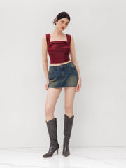 Square Neck Solid Ruched Crop Tank Top