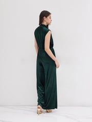Velvet High Neck Ruched Zipper Wide Leg Jumpsuit