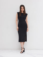 Boat Neck Solid Ruched Maxi Dress