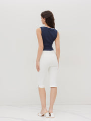 Cotton-blend U-neckline Contrasting Binding Ruched Tank Top