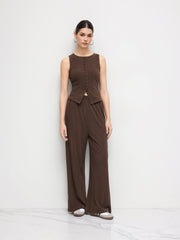 Boat Neck Waistcoat & Mid Rise Elastic Waist Wide Leg Trousers Set