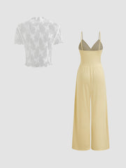 Lace See-through Top & V Neck Wide Leg Jumpsuit