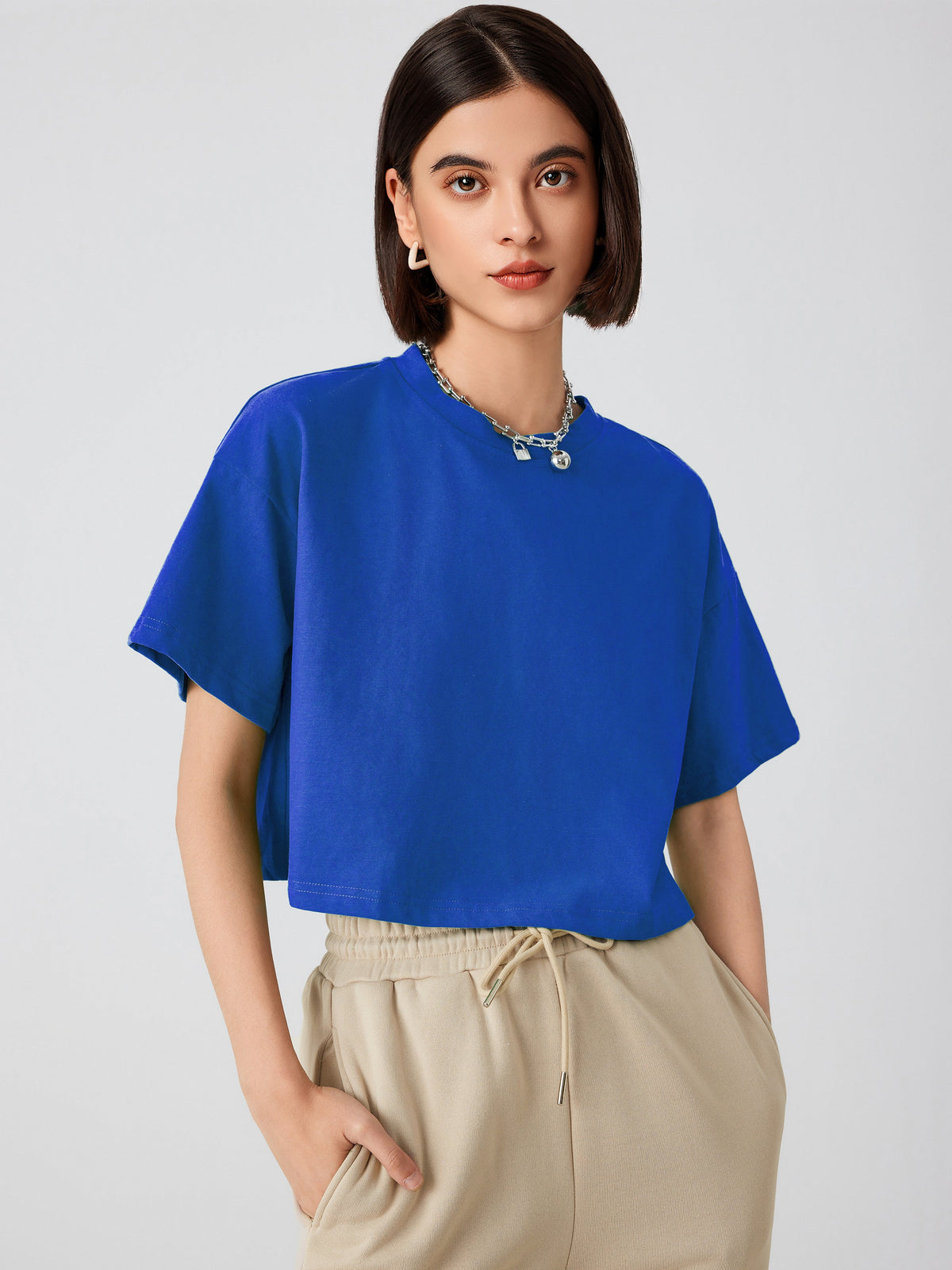 Cotton-blend Round Neckline Oversized Crop Top