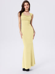 Solid Ruched U-neckline Ruffle Maxi Dress