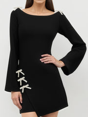 Round Neckline Solid Bowknot Mini Dress