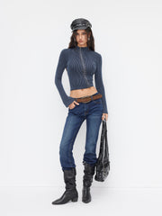 High Neck Striped Asymmetrical Zipper Metal Detail Long Sleeve Top
