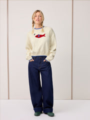 Knit Round Neckline Fish Graphic Contrasting Binding Oversized Top