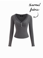 Thermal Cotton-blend V-neck Long Sleeve Lace Trim Ruched Tee