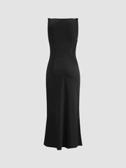 Satin Boat Neck Ruched Maxi Dress