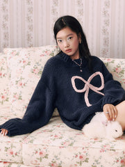 Knit Crochet Round Neckline Bowknot Oversized Chunky Sweater