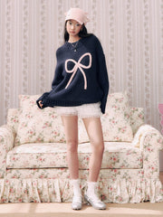 Knit Crochet Round Neckline Bowknot Oversized Chunky Sweater