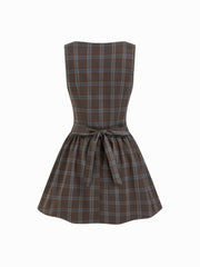 Plaid Asymmetrical Neck Ruched Tie Back Mini Dress