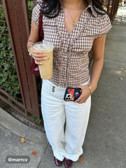 Cotton V-neck Check Button Short Sleeve Blouse