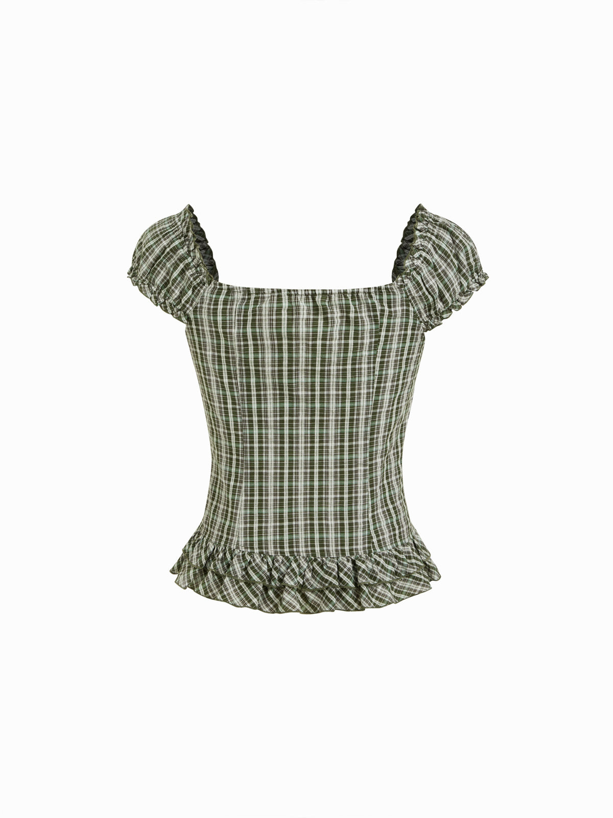 Sweetheart Tartan Ruched Lettuce Trim Layered Blouse
