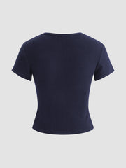 Round Neckline Solid Button Short Sleeve Top