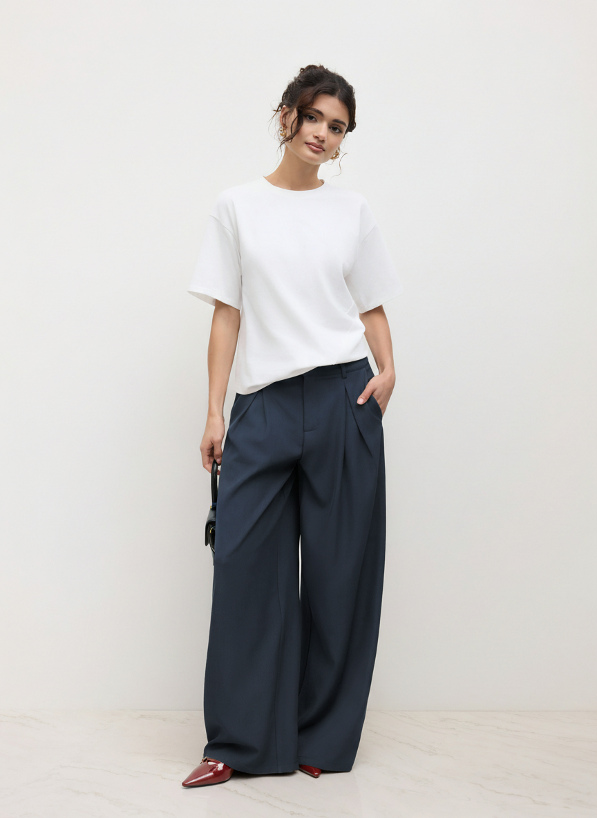 Mid Rise Straight Leg Pleated Trouser