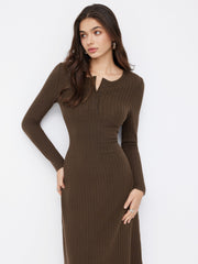 Round Neckline Long Sleeve Button Midi Dress