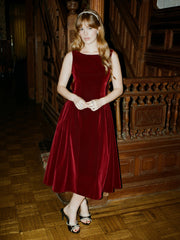Velvet Boat Neck Bowknot Backless Midi Dress