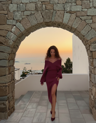 Knit Off-Shoulder Wrap Lace Split Midi Dress