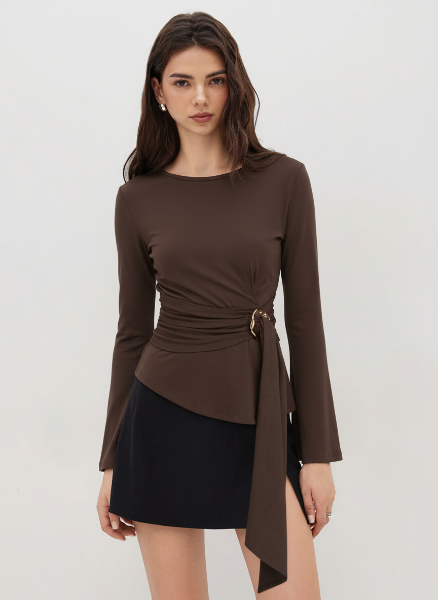 Round Neckline Ruched Metal Detail Long Sleeve Tee