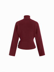 Knit Turtleneck Long Sleeve Button Side Ruched Cinched Waist Top