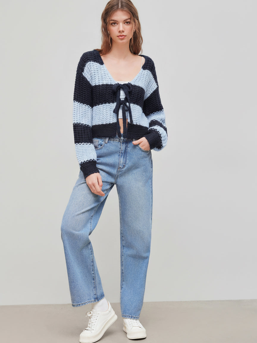 Knit V-neck Striped Tie Front Cardigan